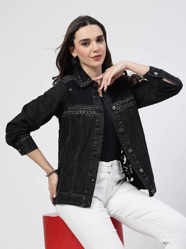 Black Denim Jacket with Embroidered Patch Details