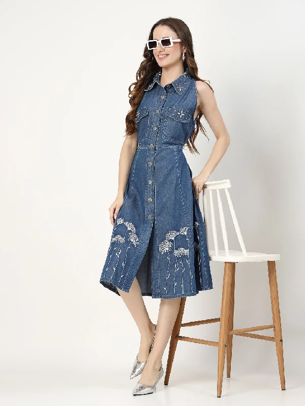 Embroidered Halter Neck Denim Shirt Dress