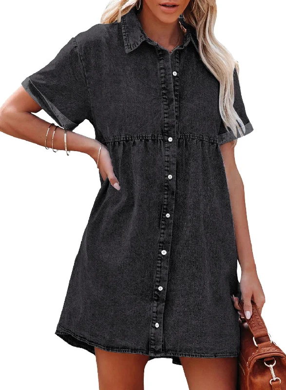 Vintage Black Women's Short Sleeve Button Down Flowy Tiered Babydoll Denim Dress