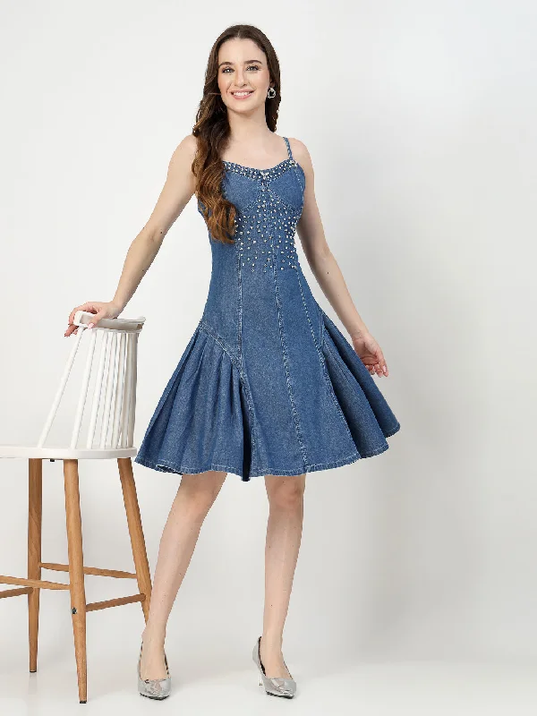 Denim Cami Dress with Embroidery and Wrinkle Hem