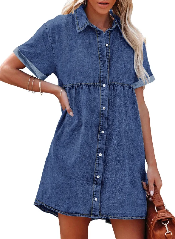 Wishful Blue Women's Short Sleeve Button Down Flowy Tiered Babydoll Denim Dress