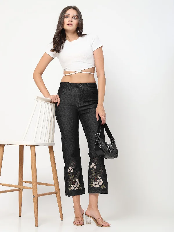 Black Floral Embroidered Side Slit Denim Jeans