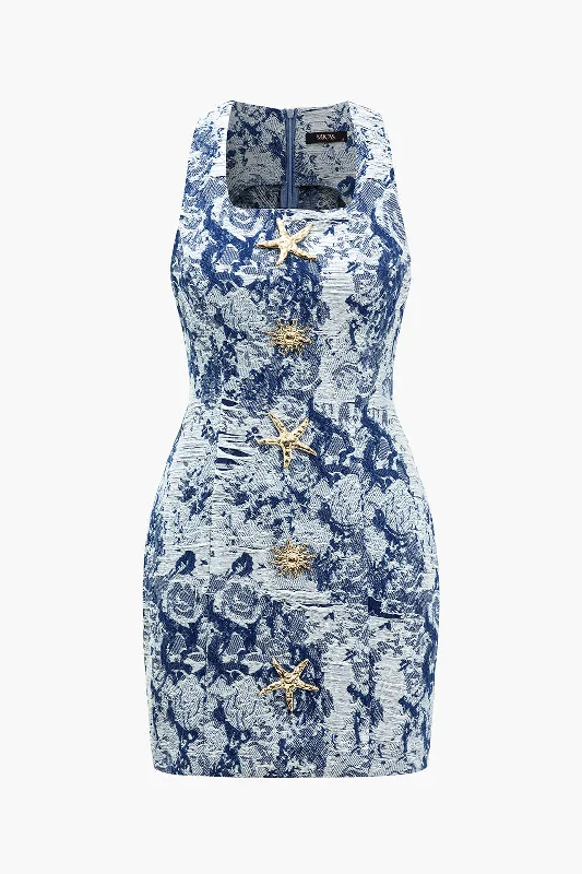 Floral Pattern Button Denim Dress