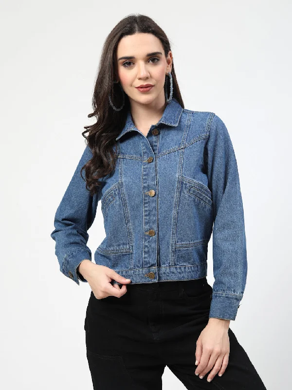 Solid Blue Cotton Denim Jacket with Welt Pockets