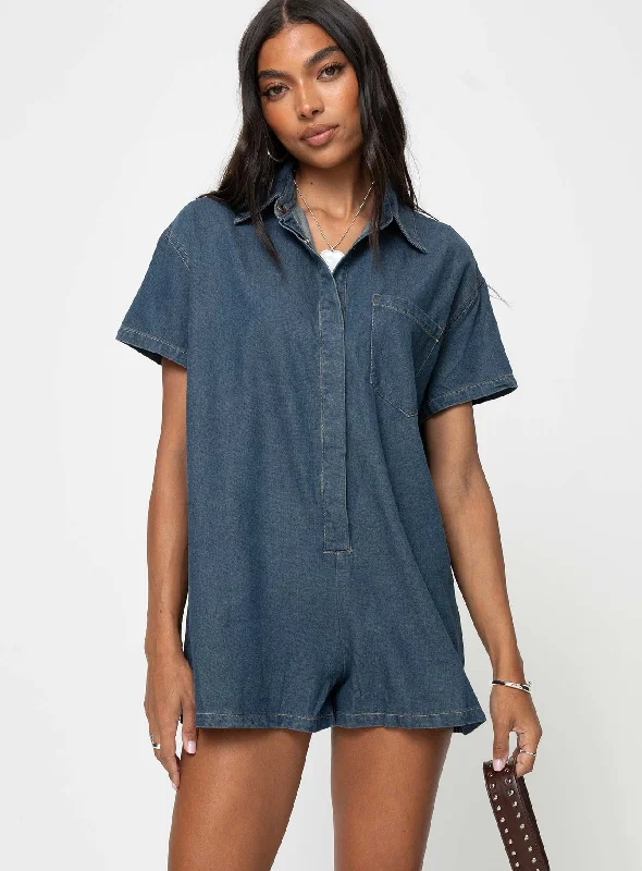 Dottey Denim Romper Dark Wash