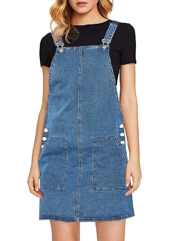 Blue Side Pockets Overall Denim Pinafore Dress