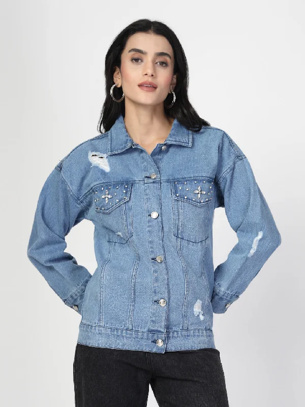 Lightweight Distress Denim Jacket with Stone Work