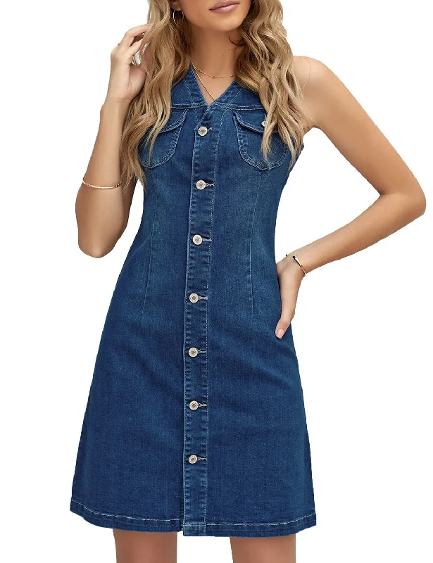 Women Sleeveless V Neck Button Down Frayed Hem Short Denim Dress