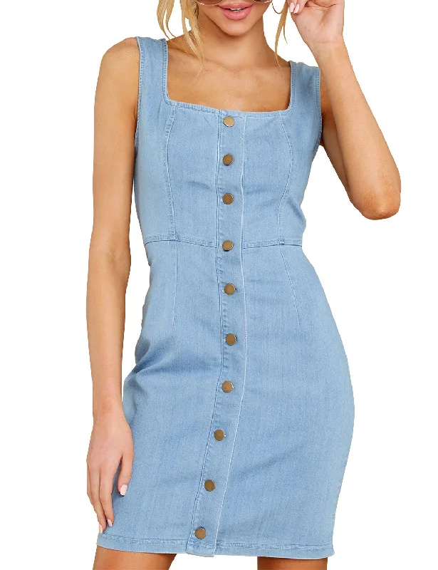 Women Sleeveless V Neck Button Down Frayed Hem Short Denim Dress