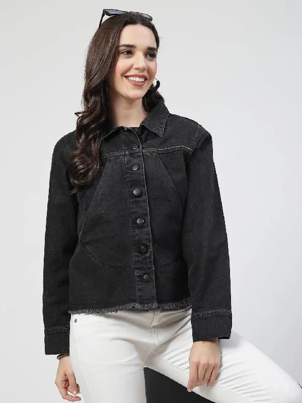 Black Front Cross Pocket Denim Jacket with Intricate Embroidery