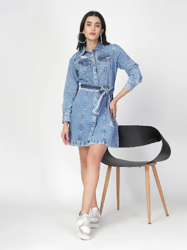 Cotton Denim Shirt Dress with Denim Belt