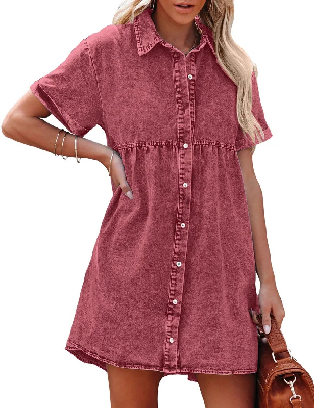 Baroque Rose Women's Short Sleeve Button Down Flowy Tiered Babydoll Denim Dress