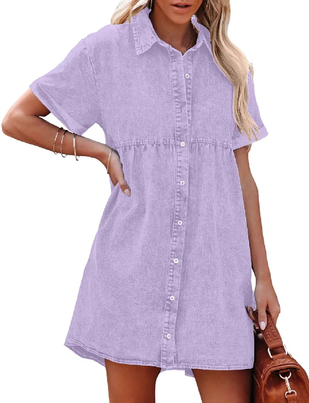 Digital Lavender Women's Short Sleeve Button Down Flowy Tiered Babydoll Denim Dress