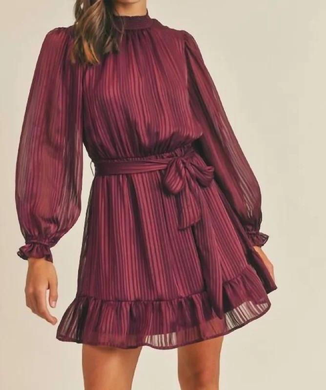 Satin Shadow Striped Mini Dress in Burgundy