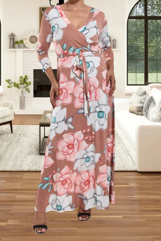 Brown V Neck Floral Maxi Dress