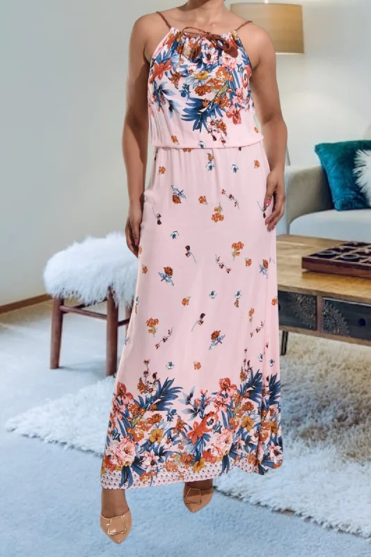 Pink Floral Strappy Maxi Tie Dress