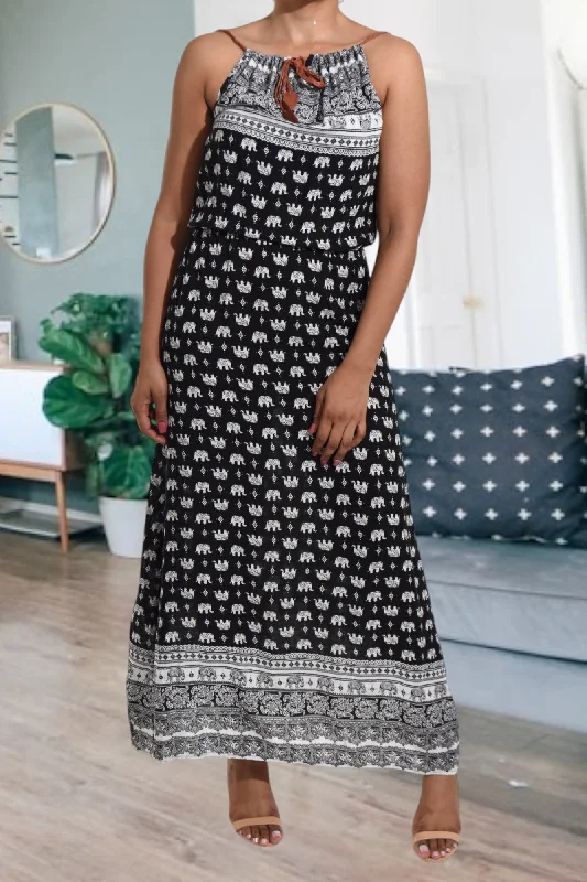 Black Printed Strappy Maxi Tie Dress