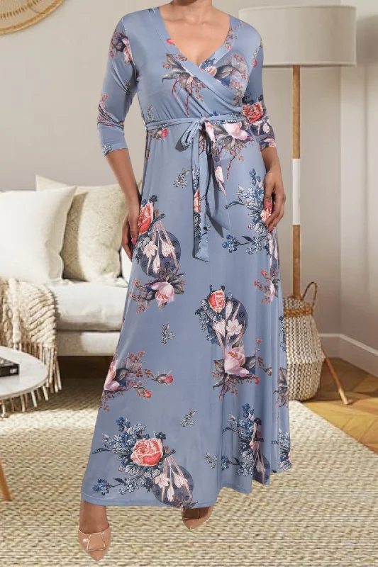 Grey V Neck Floral Maxi Dress