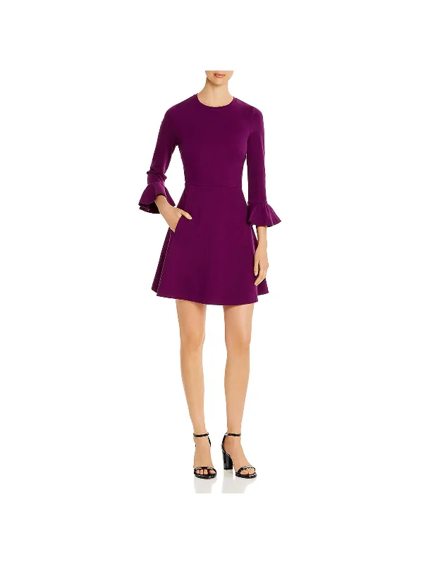 Womens Pleated Bell Sleeves Cocktail Dress