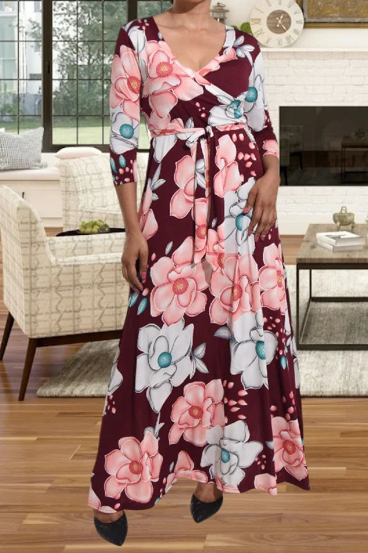 Maroon V Neck Floral Maxi Dress