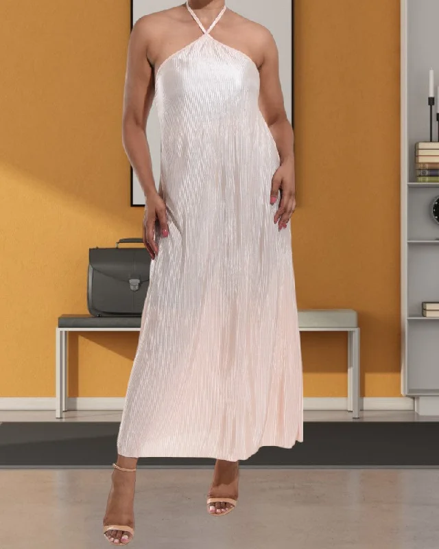 Beige Plisse Halter Maxi Dress