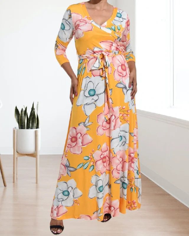 Yellow V Neck Floral Maxi Dress