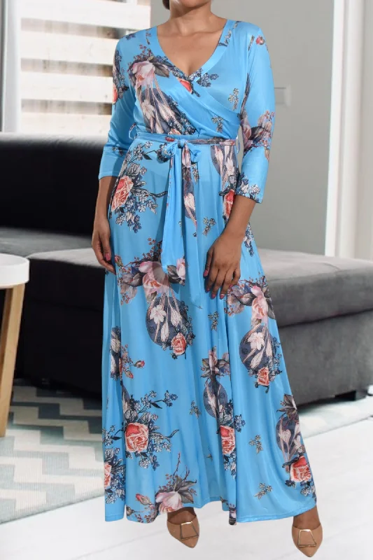 Blue V Neck Floral Maxi Dress