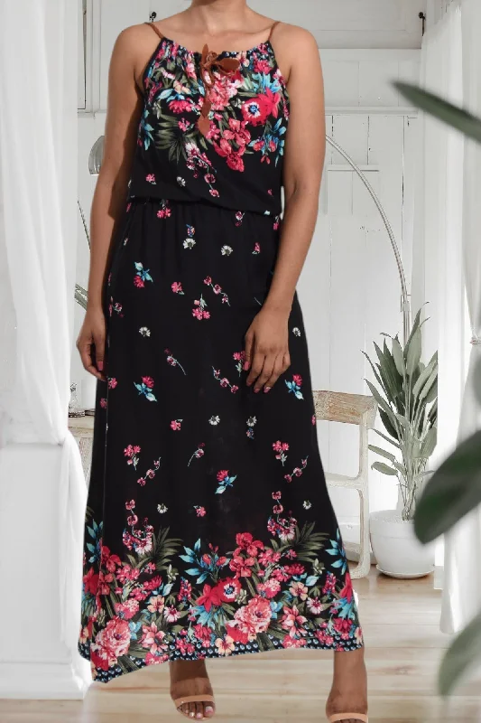 Cerise Floral Strappy Maxi Tie Dress