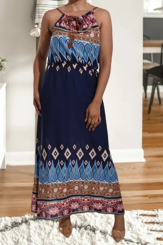 Blue Printed Strappy Maxi Tie Dress