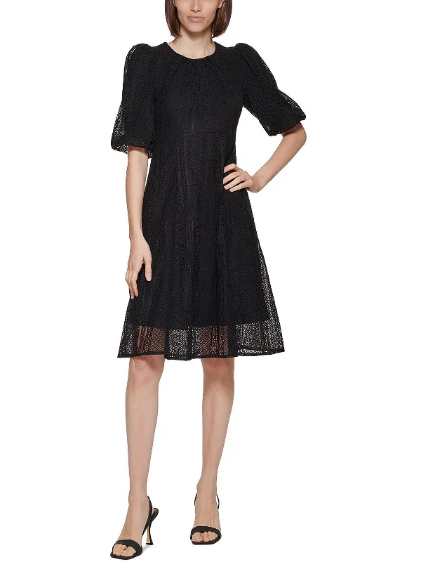 Womens Lace Balloon Sleeves Fit & Flare Dress