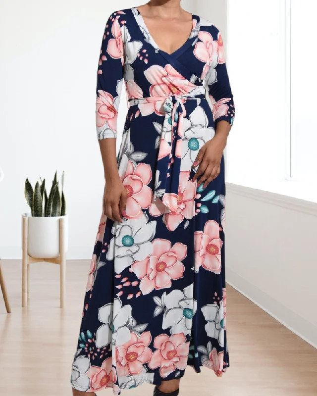 Navy V Neck Floral Maxi Dress