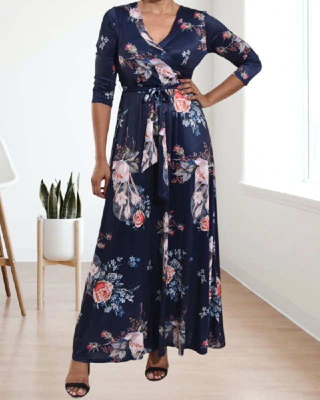 Navy V Neck Floral Maxi Dress