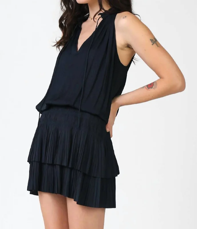 Sleeveless Pleated Mini Dress in Navy