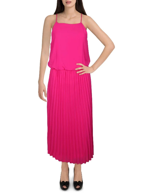 Womens Pleated Tea-Length Fit & Flare Dress