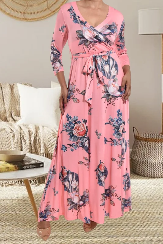 Pink V Neck Floral Navy Maxi Dress