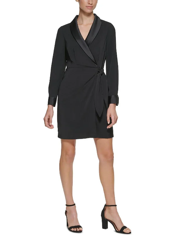 Womens Tuxedo Faux-Wrap Cocktail and Party Dress