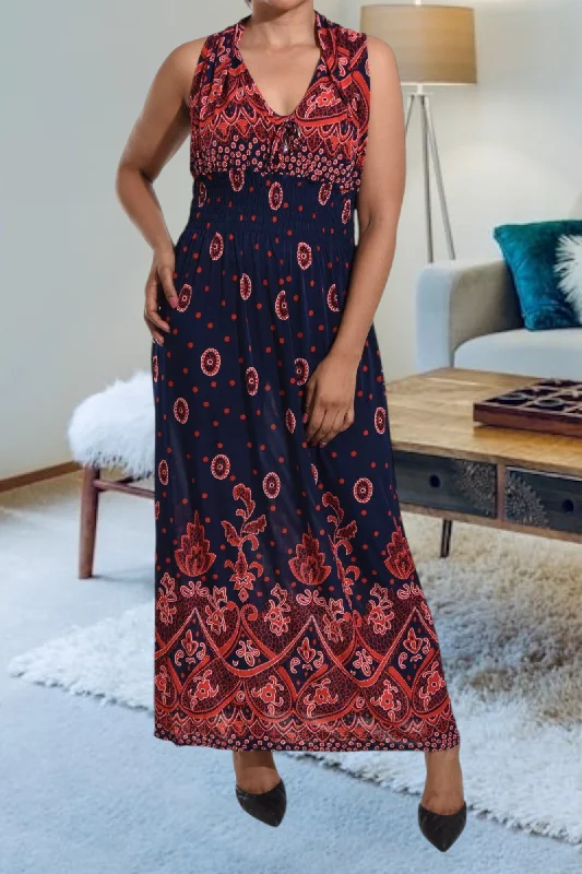 Red And Navy V Neck Maxi Dress