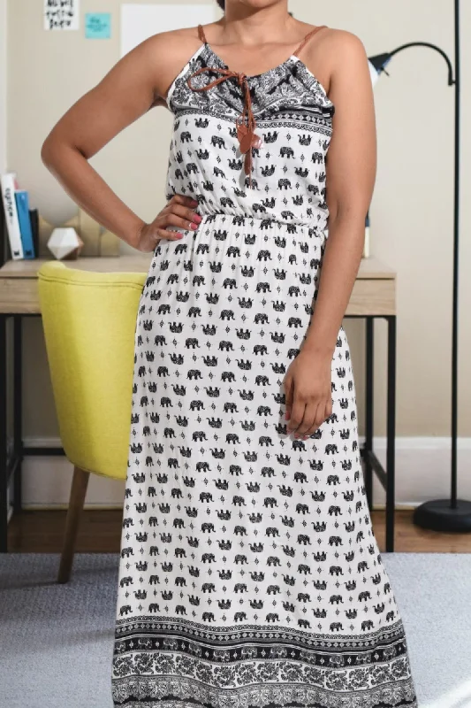 Black Elephant Print Strappy Maxi Tie Dress