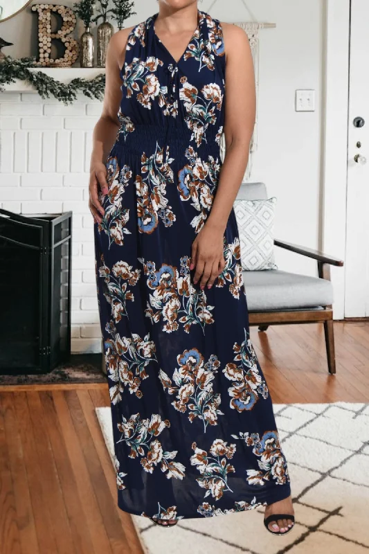 Navy And Brown Sleeveless Maxi Dress