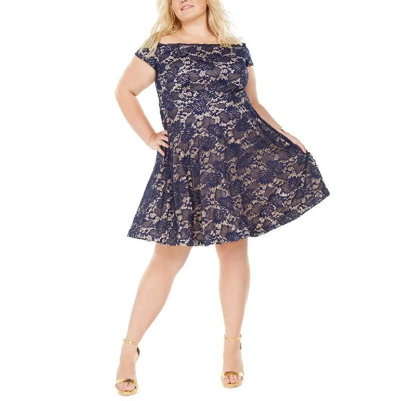 B Darlin Women's Trendy Plus Size Off-The-Shoulder Lace Dress Navy Size 20