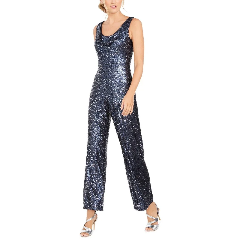 Calvin Klein Women's Cowl-Neck Sequined Jumpsuit Blue Size 16