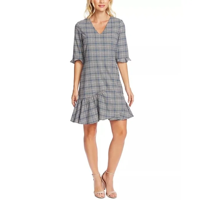 CeCe Women's Plaid V-Neck Flounce Dress Gray Size 0