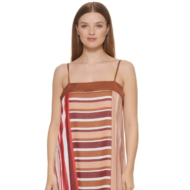 Dkny Women's Mixed Stripe Asymmetric Slipdress Brown Size X-Small