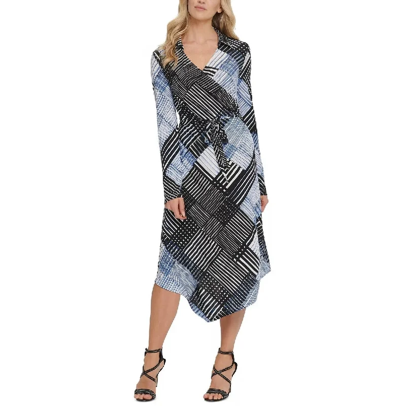 Dkny Women's Printed Faux-Wrap Dress Blue Size Medium