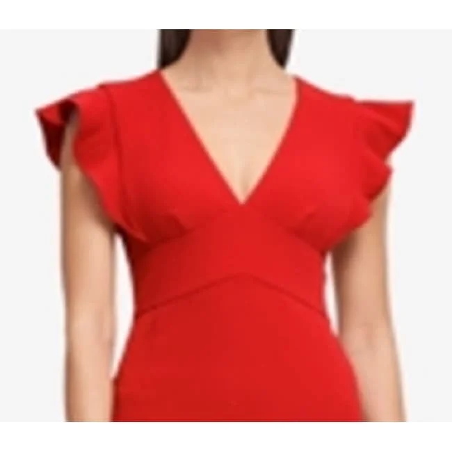 Dkny Women's V Neck Sheath With Ruffle Sleeve Dress Red Size 4