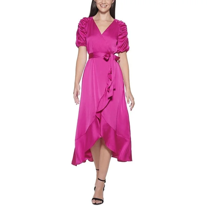 Kensie Women's Ruched Sleeve Faux Wrap Dress Pink Size 0