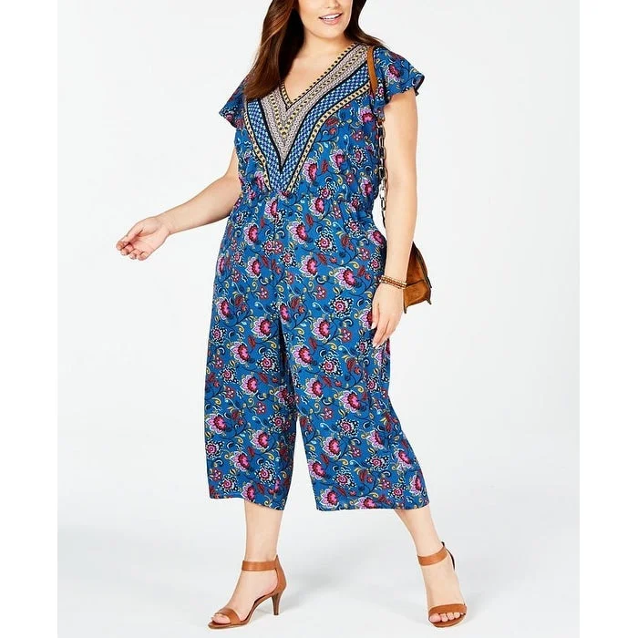 Love Squared Women's Floral Sleeveless V Neck Jumpsuit Blue Size 2X