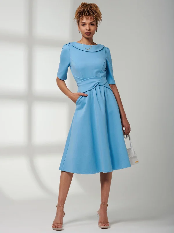 Maayan Fold Neck Dress, Baby Blue