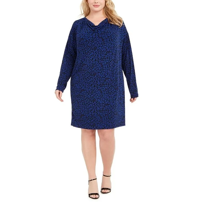 Michael Kors Women's Animal Print Cowlneck Dress Blue Size 0X