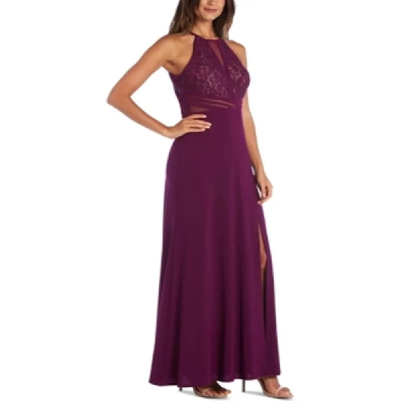 Morgan & Company Women's Glitter Slitted Sleeveless Halter Full Length Formal Pleated Dress Purple Size 5